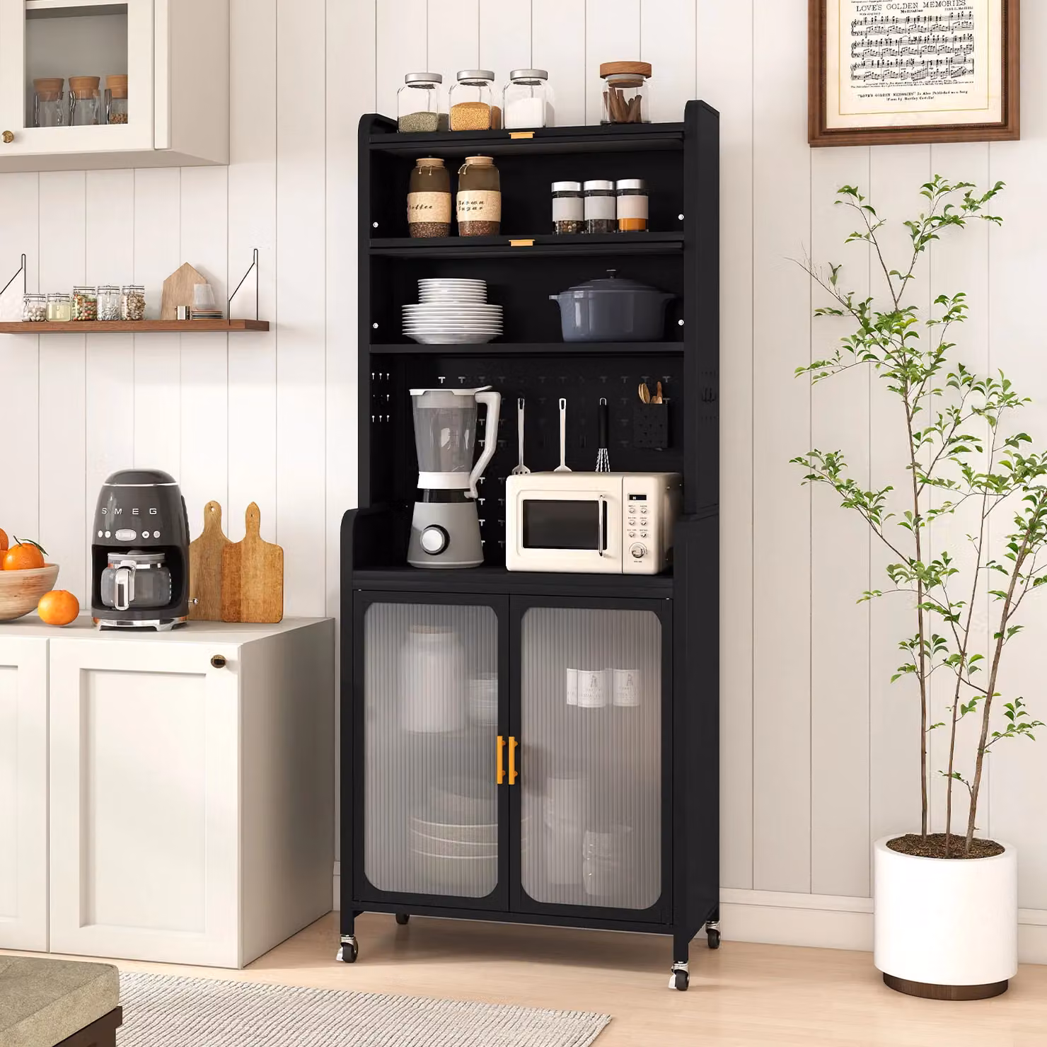 Gymax Black Metal Freestanding Kitchen Pantry and Coffee Bar Tall Unit, Height: 192 cm – 3