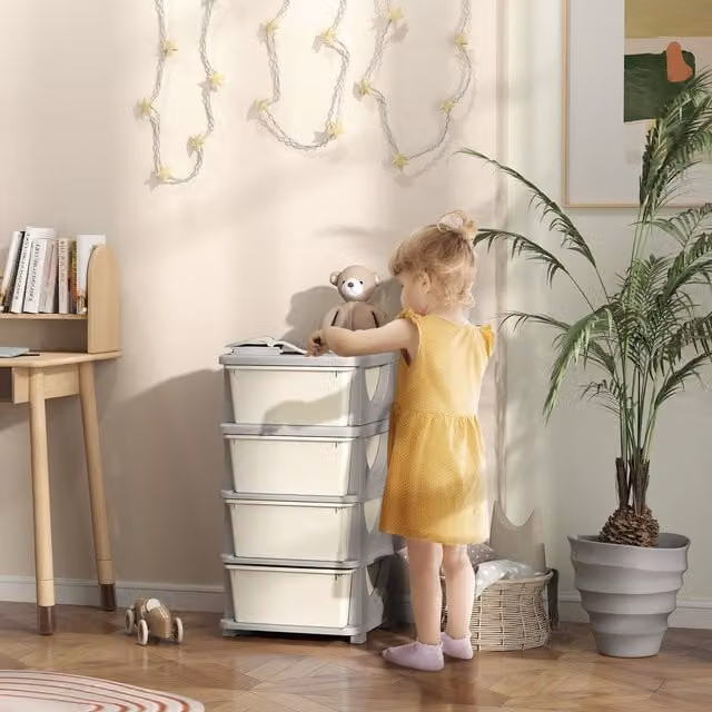 HOMCOM 4 Drawer Kids Freestanding Storage Unit in White and Beige
