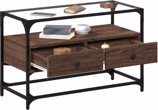 Berkfield Home TV Cabinet in Brown Oak with Glass Top, W/D/H: 80 x 35 x 51 cm – 1