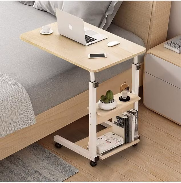 Living and Home Height Adjustable Mobile Overbed Desk with Wheels in Beige