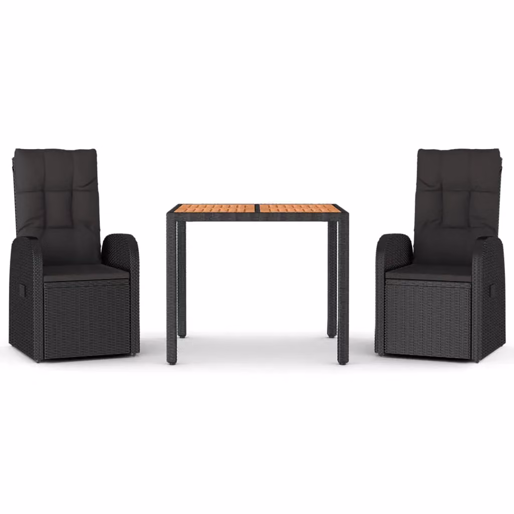 Berkfield Home 3 Piece Garden Dining Set in Black Poly Rattan and Solid Acacia Wood – 2