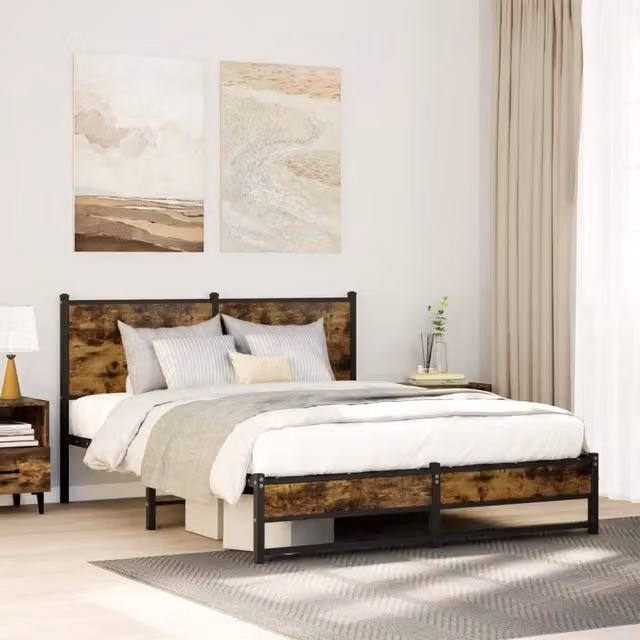 Berkfield Home Metal Bed Frame in Smoked Oak Brown, W/D/H: 140 x 200 cm – 1