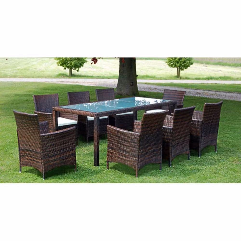 Berkfield Home 9 Piece Brown Poly Rattan Outdoor Dining Set with Cushions – 2