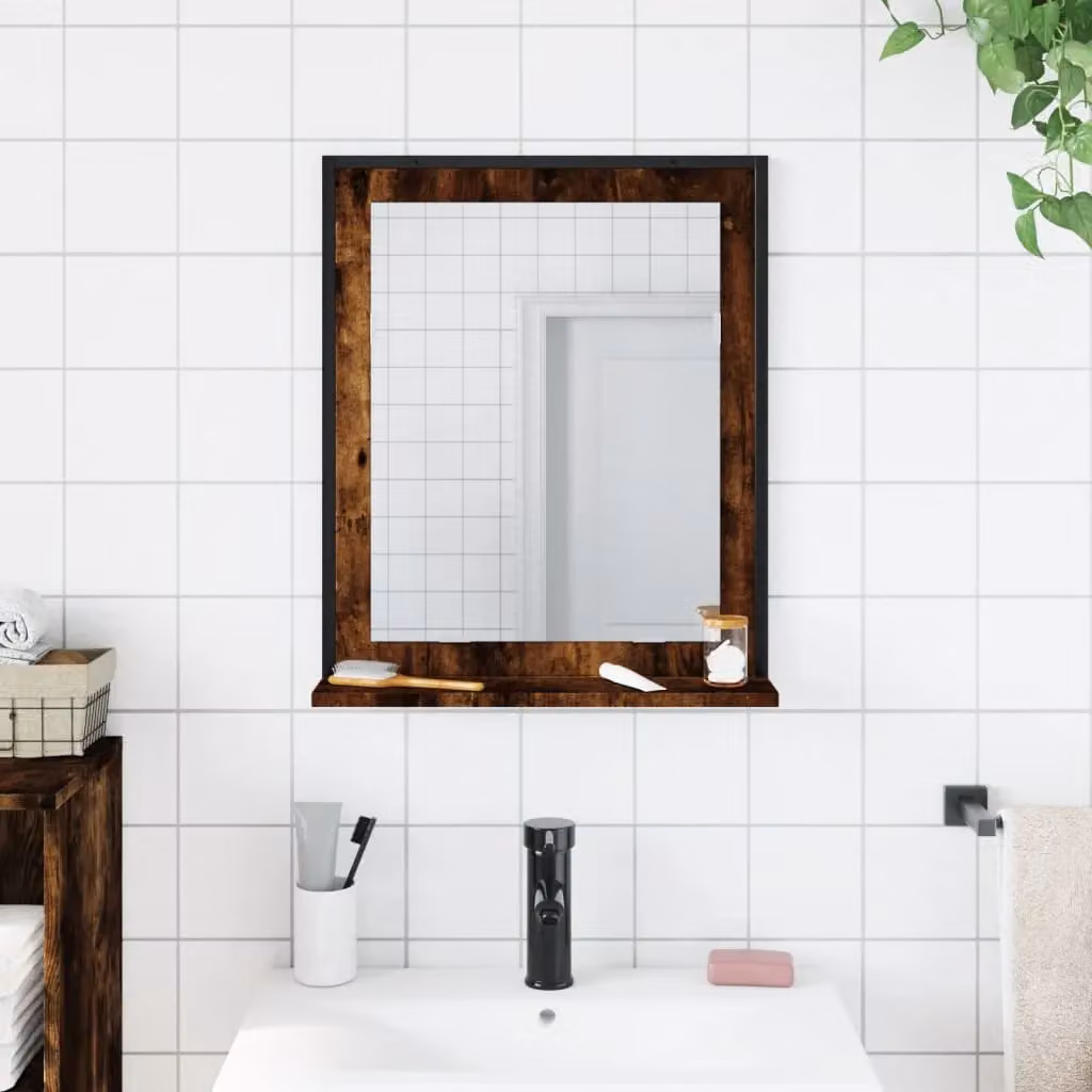 Berkfield Home Bathroom Mirror with Shelf in Smoked Oak Brown, W/D/H: 50 x 12 x 60 cm – 3