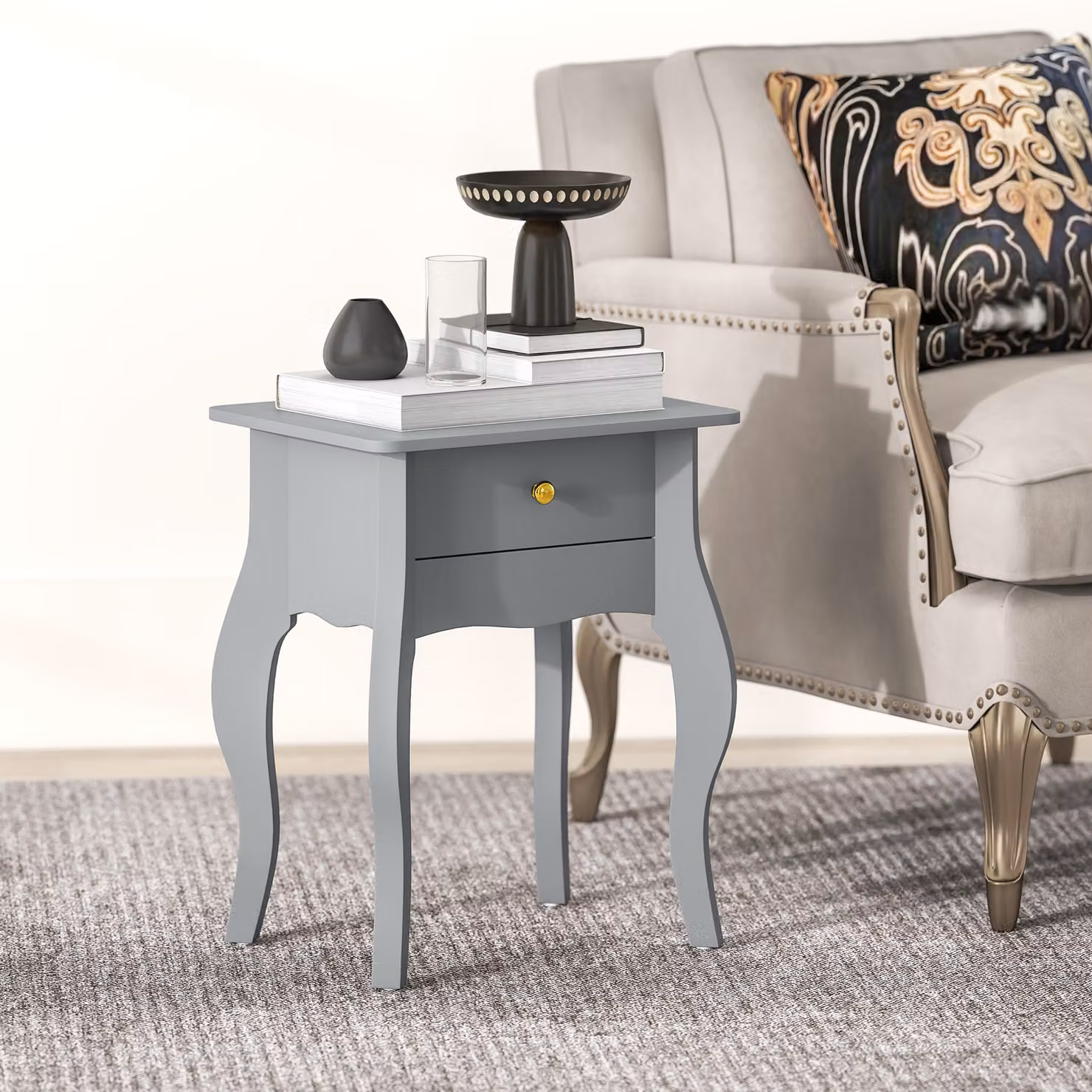 HOMCOM French Style Side Table with Drawer in Grey and Gold – 2