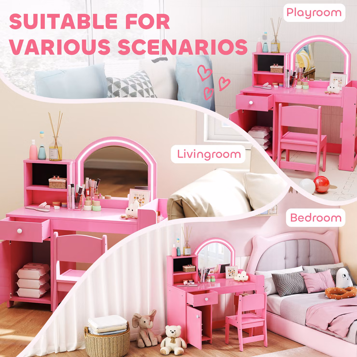 AIYAPLAY Kids Vanity Table and Chair Set with 2-Colour LED Mirror, Cabinet, Drawer and Shelves, Pink – 3