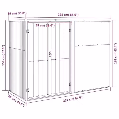 vidaXL Garden Tool Shed in Brown, Galvanised Steel, W/D/H: 225 x 89 x 161 cm – 3