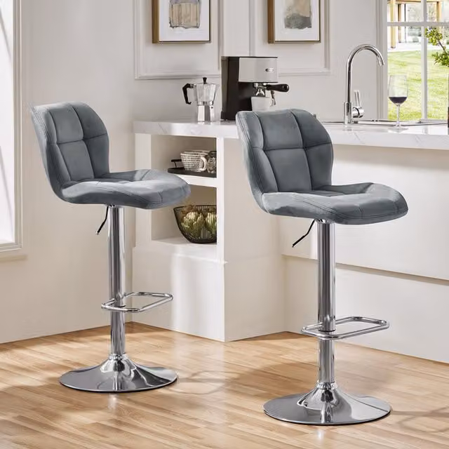 Yaheetech Set of 2 Adjustable Swivel Velvet Bar Stools in Grey with Metal Legs
