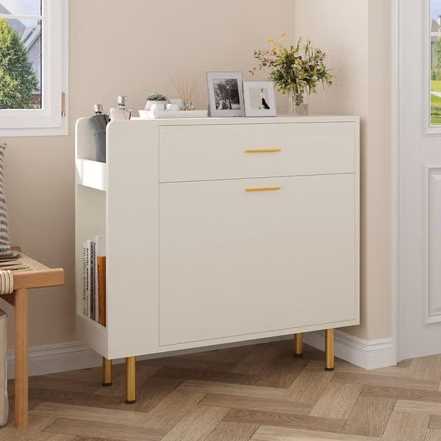 Livingandhome Modern Freestanding Shoe Storage Cabinet with Tilting Compartments and Metal Legs in White and Gold