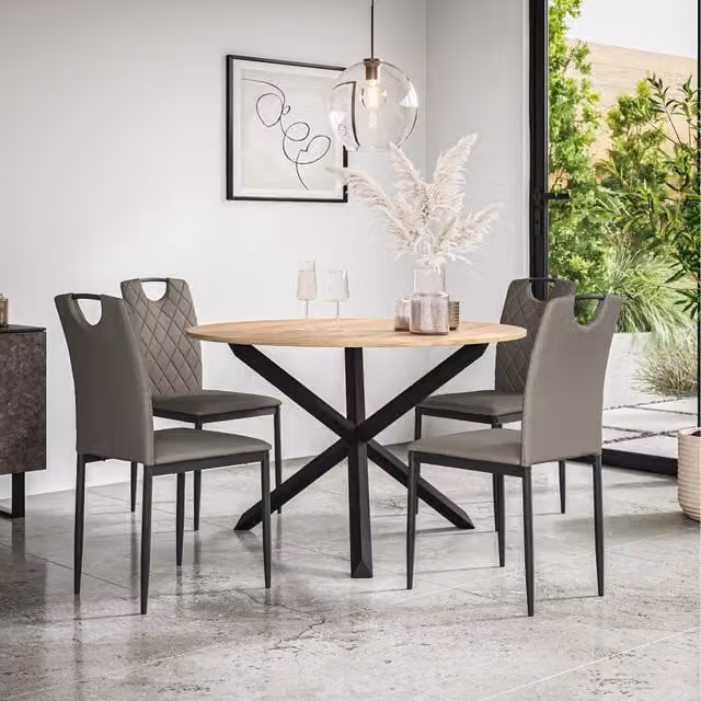 More4Homes Malvern Round Oak Effect Dining Table Set with 4 Grey Monza Chairs, Diameter: 120 cm, Height: 75 cm