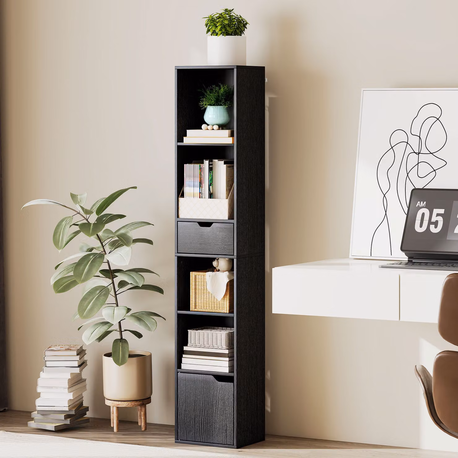HOMCOM 6-Tier Tall Narrow Black Bookcase with Drawer and Door – 2