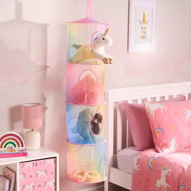 OHS 4 Tier Large Hanging Mesh Toy Storage Organiser Basket in Multicolour Abstract Tie Dye Fabric