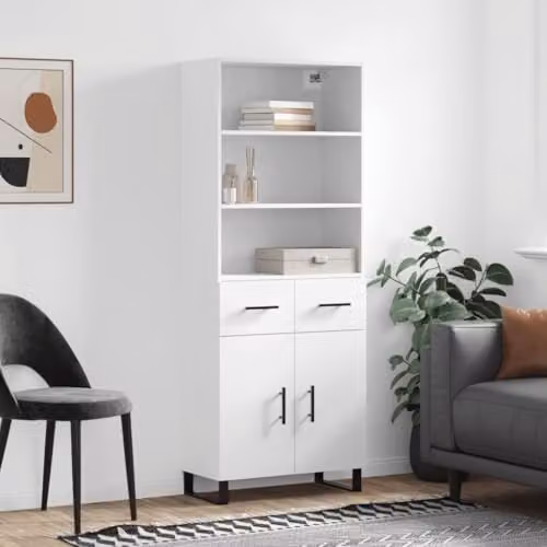 vidaXL Modern White Highboard with Hinged Doors and Metal Feet, W/D/H: 69.5 x 34.0 x 180.0 cm – 2