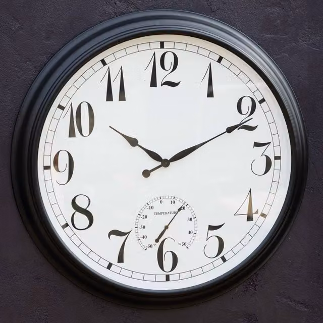 Primrose Black Metal Outdoor Garden Clock with Thermometer, Diameter: 90 cm