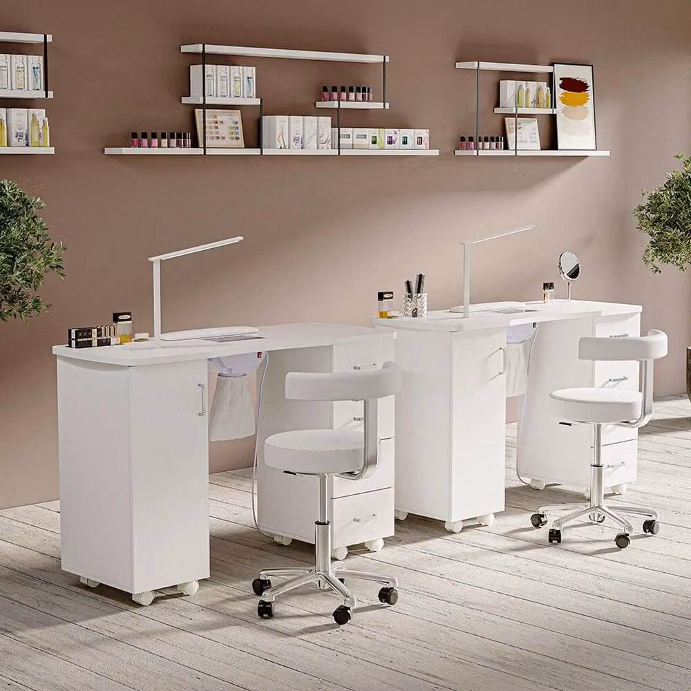 PAWNORA Professional Manicure Table in White MDF Laminate with Castors – 4