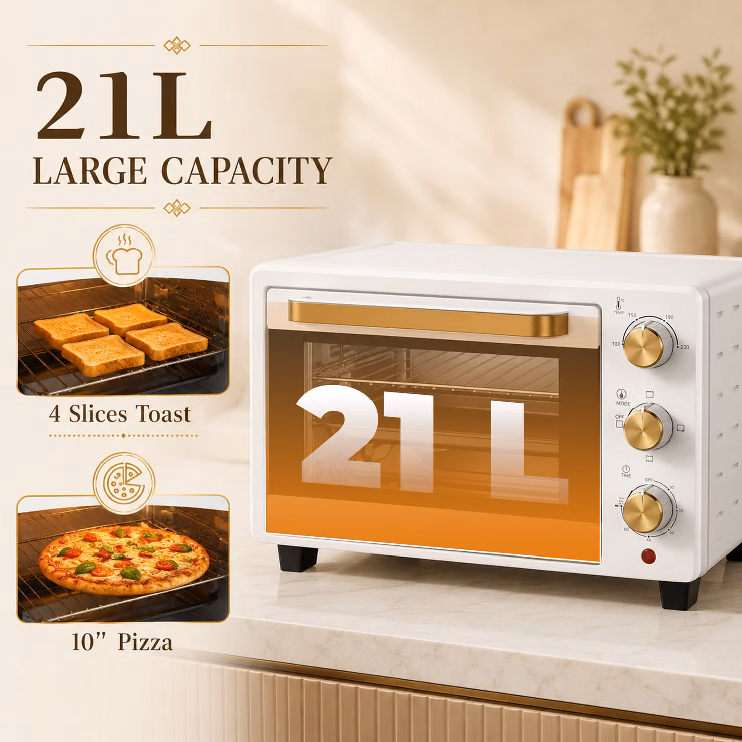 HOMCOM 21L Mini Countertop Oven in White with Adjustable Temperature up to 230°C and Top/Bottom Heat – 4