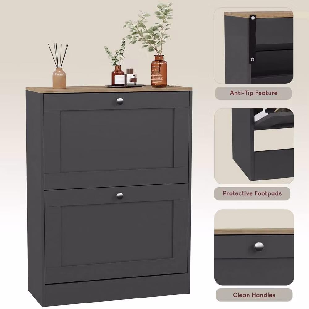 Vida Designs Modern 2 Drawer Flip Down Shoe Cabinet in Anthracite – 4