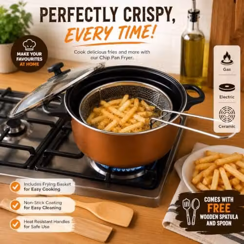 Almineez 5pc Non Stick Chip Pan Set with Frying Basket and Glass Lid, Black or Copper, 24cm, 2l – 4