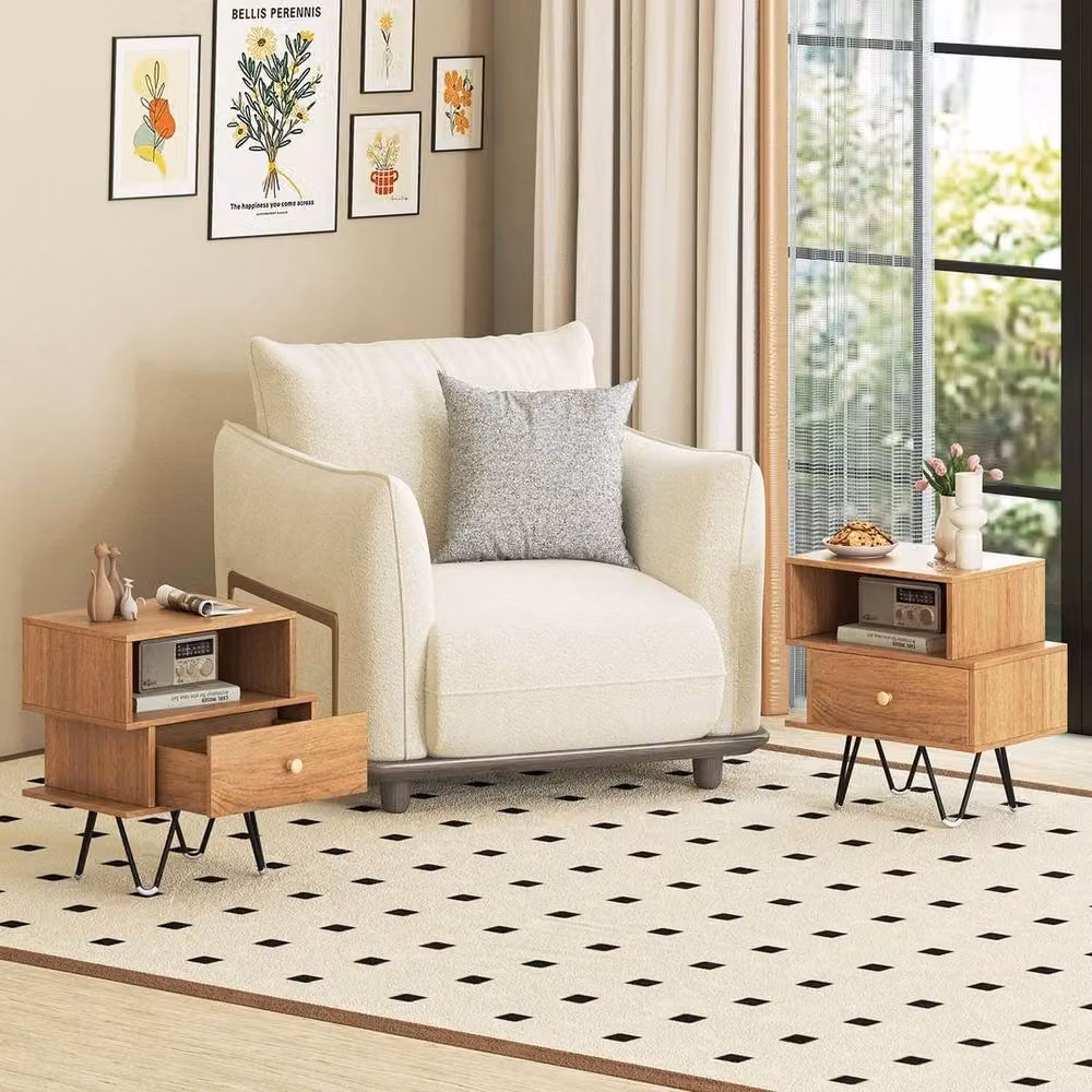 VOGREX Natural Mid Century 2-Pack Wood and Metal Drawer Nightstands in Brown – 2