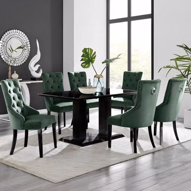 FurnitureboxUK Imperia Black Glass Dining Table with 6 Green Velvet Belgravia Upholstered Chairs