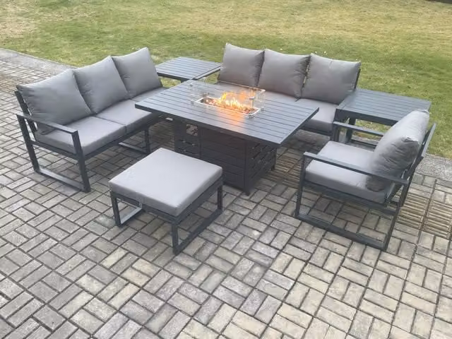 Fimous 8 Seater Aluminium Garden Furniture Set with Gas Fire Pit Dining Table, Cushions, 2 Side Tables and Footstool in Dark Grey