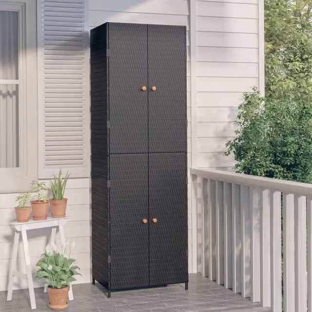 Berkfield Home Garden Storage Cabinet in Black with Acacia Wood and Poly Rattan, W/D/H: 59 x 40 x 180 cm
