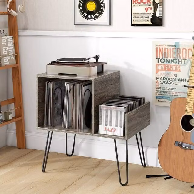 KORVIXA Modern Metal Record Player Stand in Grey, W: 100 cm, H: 67 cm