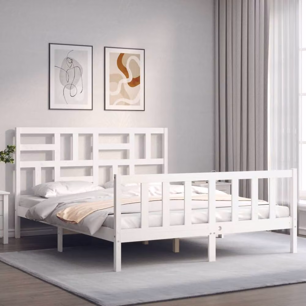 Berkfield Home Solid Wood Bed Frame with Headboard in White, 160 x 200 cm – 2