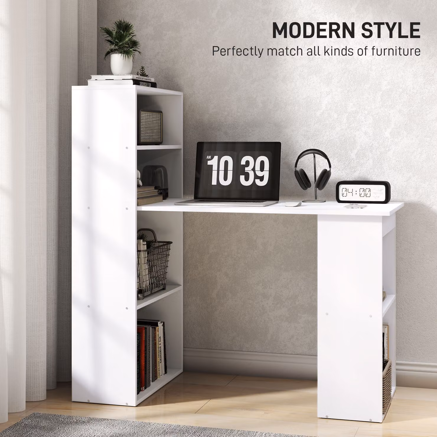 HOMCOM Modern Computer Desk and Bookshelf with 6 Shelves, White – 3