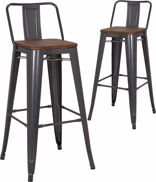Pollux Pair of Modern Metal Bar Stools with Wooden Seats in Matt Silver Grey