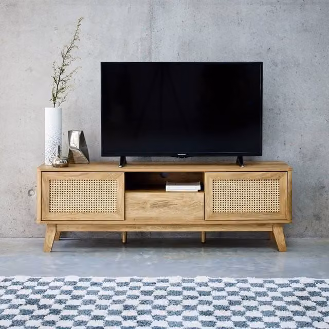 Sweek 150cm TV Unit in Light Brown with Wooden Effect and Cane Sliding Doors, W: 150 cm, H: 49 cm, D: 39 cm