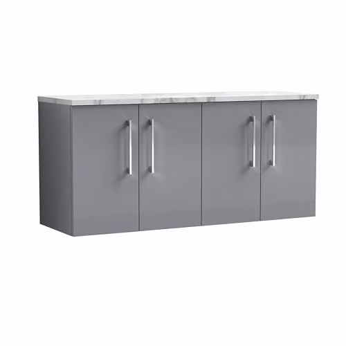 Balterley Wall Hung Grey Bathroom Vanity Unit with 4 Soft Close Doors and Rectangular Laminated Worktop, W/D/H: 120.5 x 39.0 x 56.2 cm – 1