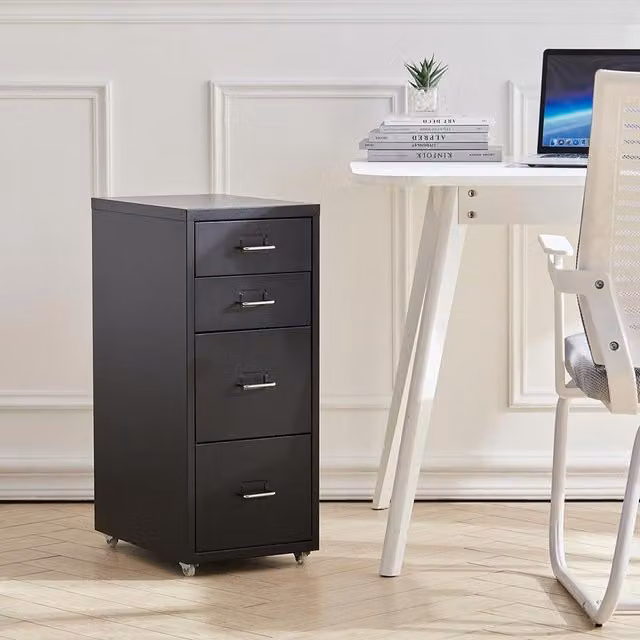 Livingandhome Modern Black Metal 4-Drawer Office Storage Cabinet with Castors
