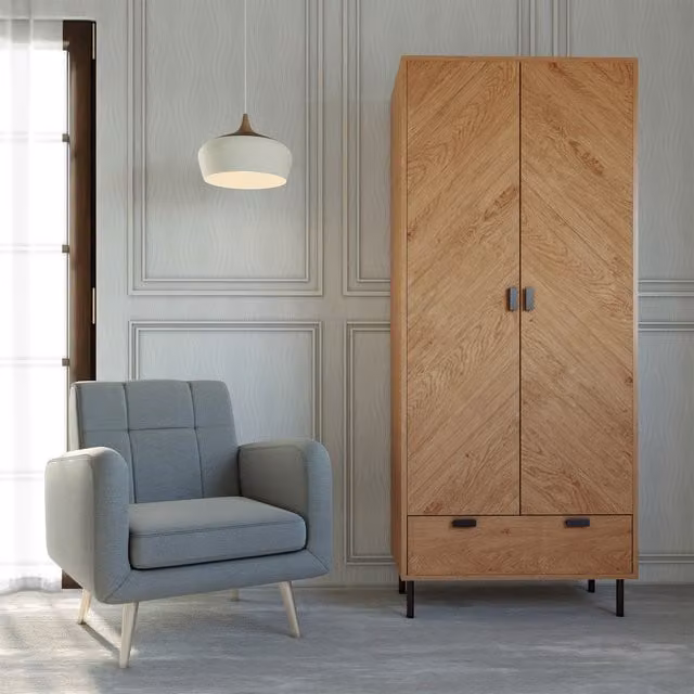 Seconique Modern Oak Wardrobe with Hinged Doors and Internal Drawers in Brown and Black