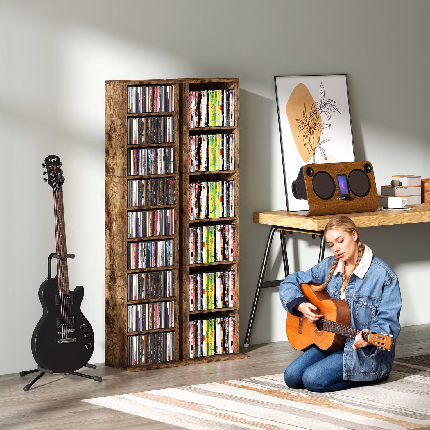 HOMCOM Narrow Wall Mounted CD Storage Unit with Adjustable Shelves and Media Compartments in Rustic Brown – 8
