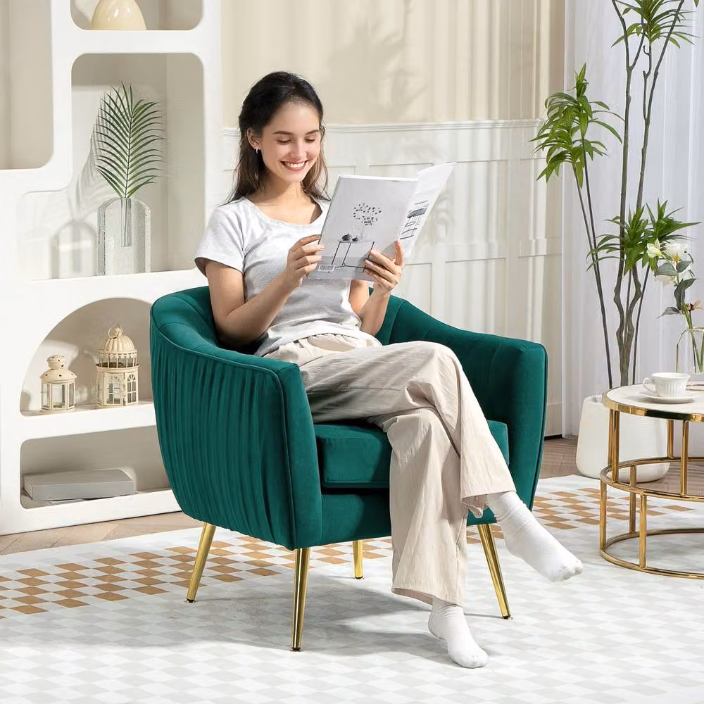 ERGOVEXA Green Velvet Shell Back Accent Chair with Metal Frame – 2