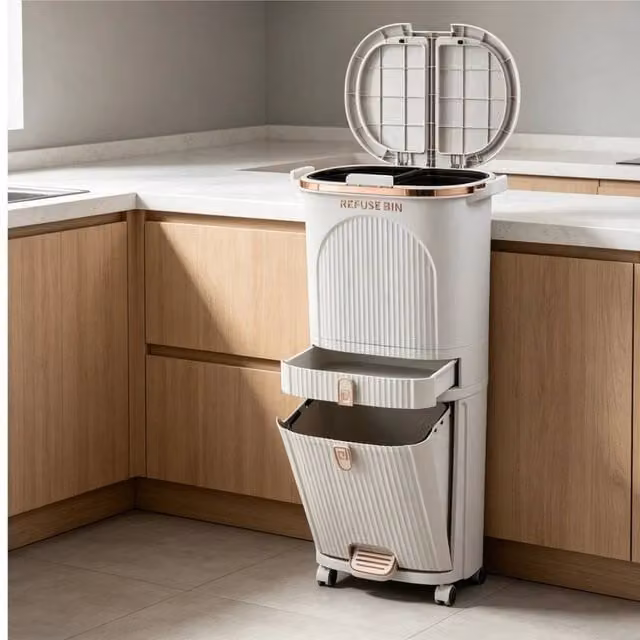 EONLION Large Dual Kitchen Rubbish and Recycling Pedal Bin in White, Height: 100 cm – 1
