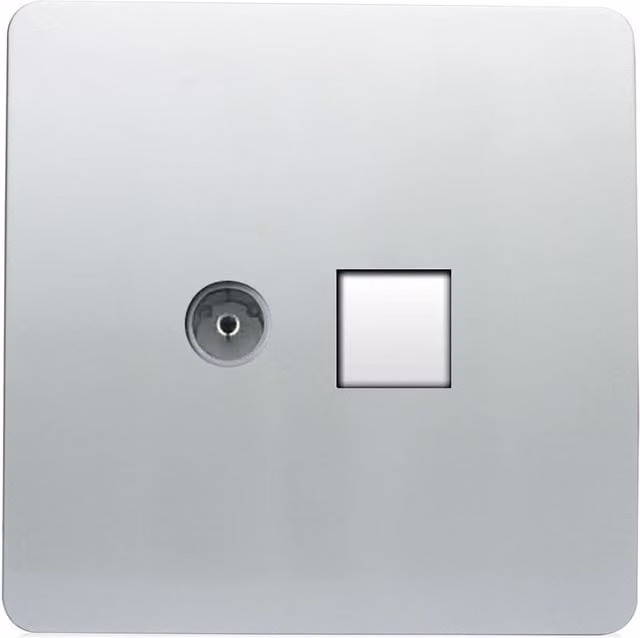 Trendi Switch 2 Gang TV Co-Axial and RJ45 Cat 5e Ethernet Socket Plate in Platinum Silver