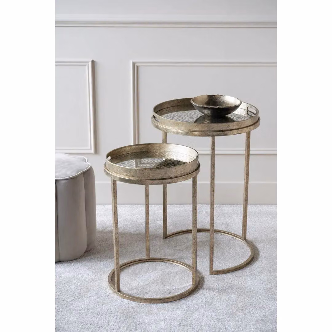 Libra Interiors Vienna Set of 2 Antique Gold Geometric Side Tray Tables with Glass Tops – 3