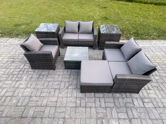 Fimous Dark Grey Polyrattan Outdoor Garden Furniture Set with L-Shape Sofa, Coffee Table, Armchair, Ottoman and Side Tables