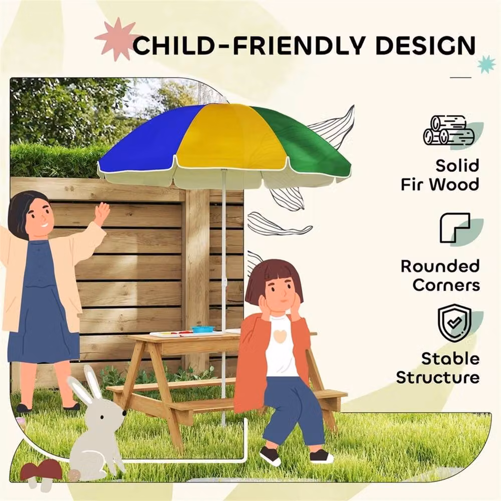 Nordara Rustic Treated Hardwood Kids Picnic Table and Benches in Brown and Multicolour – 2