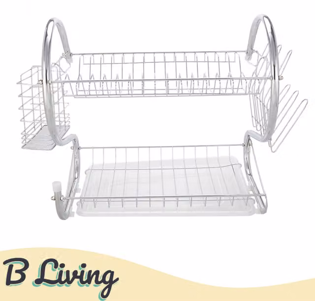B Living Two Tier Metal Dish Drainer Drying Rack with Cutlery and Cup Holder in Silver