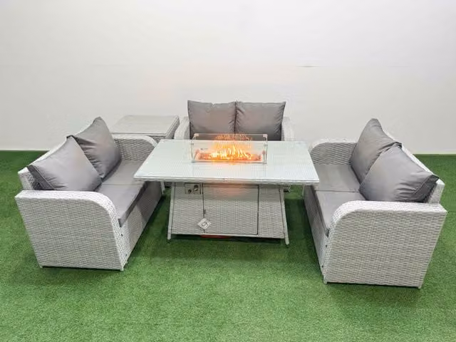 Fimous 6 Seater PE Wicker Rattan Garden Furniture Set in Light Grey with Firepit Dining Table, 2 Seater Love Sofa and Side Table
