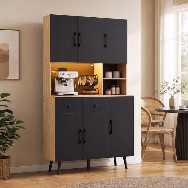 STILVORA Modern Tall Kitchen Cupboard with Integrated LED Lighting in Black and Oak Effect