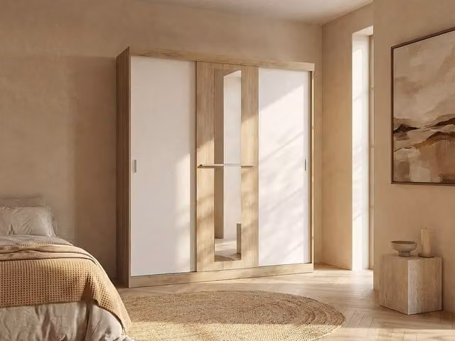 Vente-unique 3-Door Sliding Wardrobe with Mirror in Beige and Light Oak, W: 205 cm, H: 219 cm, D: 51.8 cm