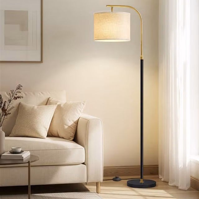 VASAGLE Black Modern Floor Lamp with Adjustable Height and Beige Fabric Shade