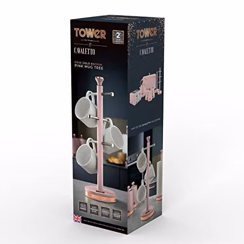 Tower Cavaletto Freestanding Mug Tree with Stainless Steel Stoppers and Anti-Slip Base, Pink and Gold, H 13.5 cm x W 13.5 cm x D 43.5 cm – 6