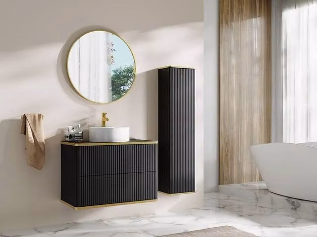 Vente-unique Ribbed Wall-Mounted Bathroom Cabinet with Gold Trim, Black, H: 140 cm, W: 35 cm, D: 25 cm – 1