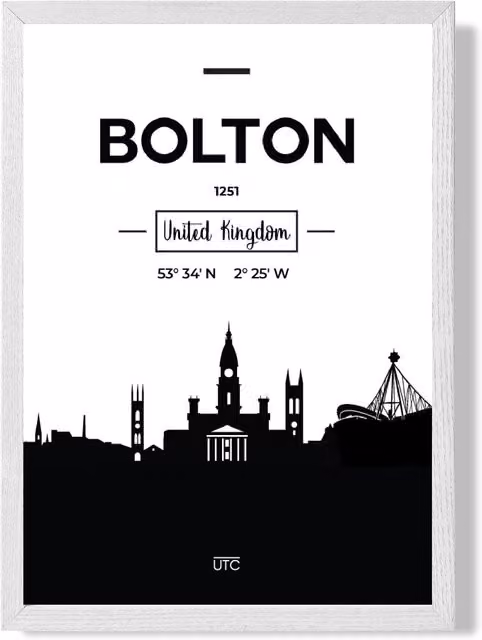ARTZE Bolton Black and White City Skyline Framed Print in White Frame, A4 – 1