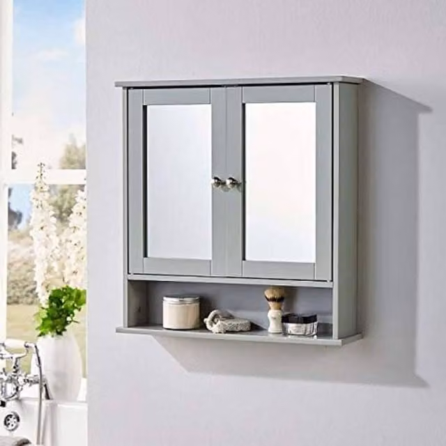 SAXONY Grey Wall Mounted Bathroom Mirrored Cabinet with Internal Shelves and Open Shelf, W/D/H: 58 x 13 x 56 cm
